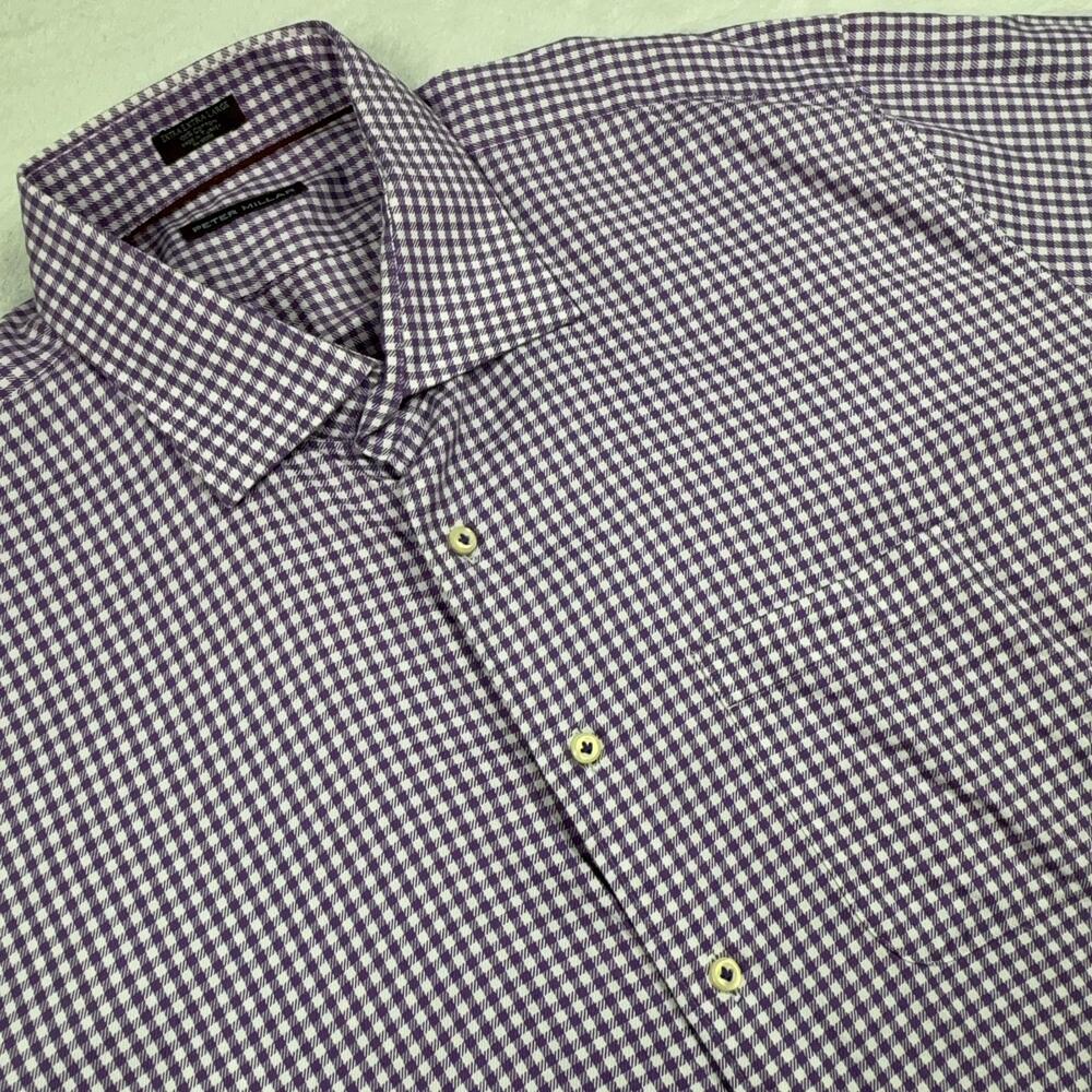Peter Millar Button Up Shirt Men 2XL Purple Check Long Sleeve Spread Collar
